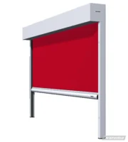 Roter Sonnenschutz von Warema mit weißem Kasten und Schienenführung